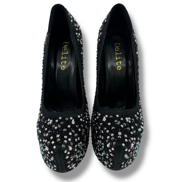 Delite Caroline Black Rhinestone Platform Pumps Heels Womens Size 38 7.5 8 - Picture 7 of 12